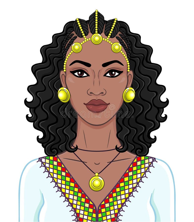 Afrikansk sk? nhet: animeringst? ende av den h? rliga svarta kvinnan i etth? r och guld- smycken royaltyfri illustrationer