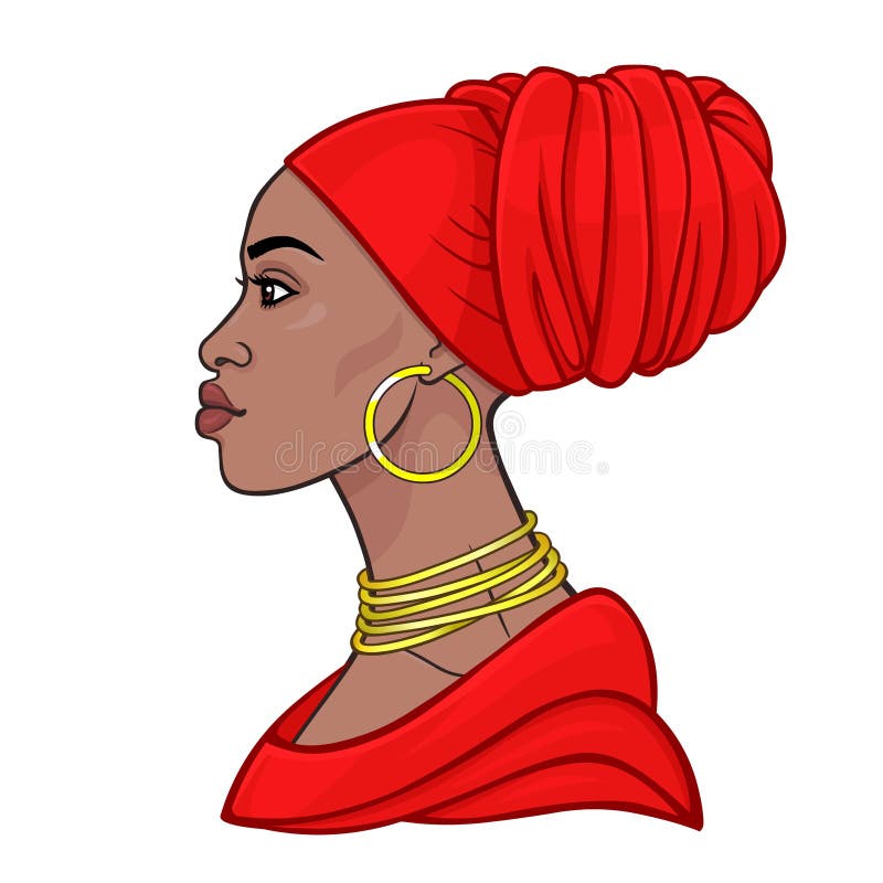 Afrikansk skönhet: animeringstående av den härliga svarta kvinnan i en röd turban stock illustrationer