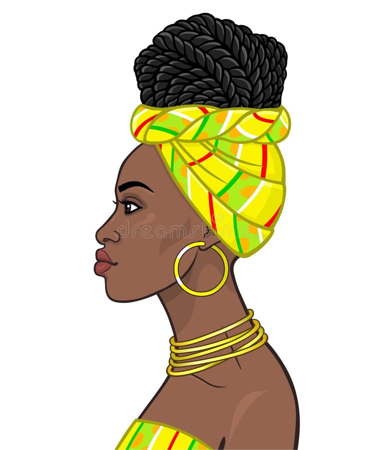 Afrikansk sk? nhet: animeringst? ende av den h? rliga svarta kvinnan i en turban och Afro--fl? tade tr? dar f? r frisyr royaltyfri illustrationer