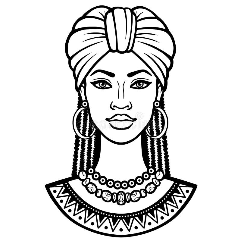 Afrikansk skönhet: animeringstående av den härliga svarta kvinnan i en turban och ett afro- hår vektor illustrationer
