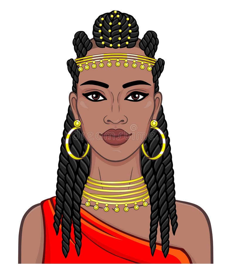 Afrikansk skönhet: animeringstående av den härliga svarta kvinnan i etthår och guld- smycken royaltyfri illustrationer