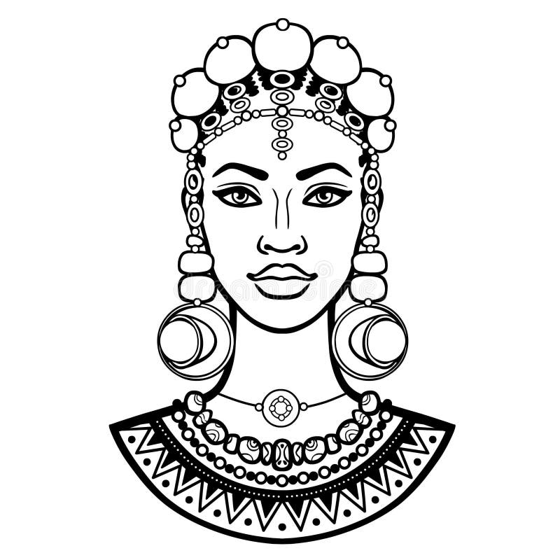 Afrikansk skönhet: animeringstående av den härliga svarta kvinnan i forntida smycken royaltyfri illustrationer