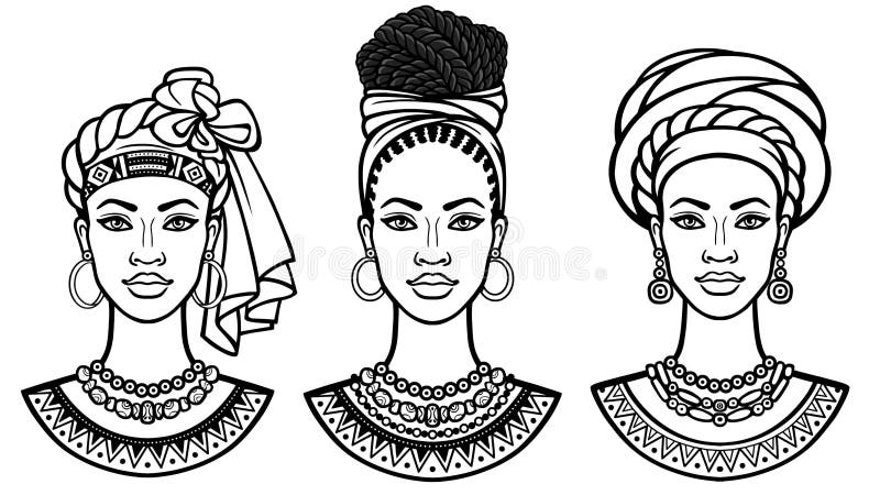 Afrikansk skönhet: animeringstående av den härliga svarta kvinnan i olika turbaner royaltyfri illustrationer