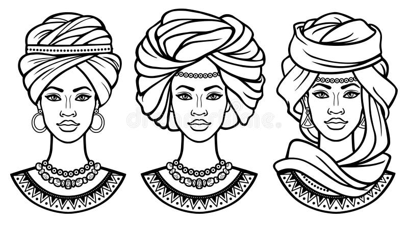 Afrikansk skönhet: ställ in av animeringstående de härliga svarta kvinnorna i olika forntida turbaner vektor illustrationer