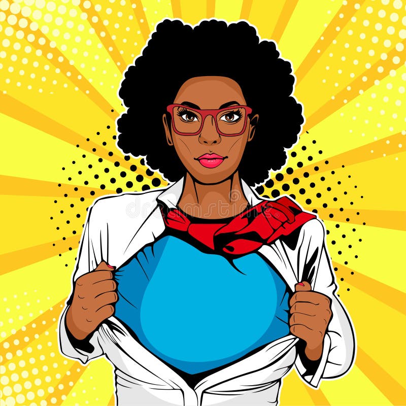Afro american female superhero with superhero t-shirt. Vector illustration in pop art comic style. royalty free illustration Afro american female superhero with superhero t-shirt. Vector illustration in pop art comic style. royalty free illustration