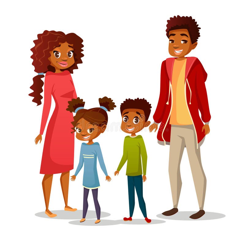 Afro American black family in casual clothing vector cartoon flat illustration. Happy father and mother parents, boy and girl children teens characters of African American nationality. Afro American black family in casual clothing vector cartoon flat illustration. Happy father and mother parents, boy and girl children teens characters of African American nationality