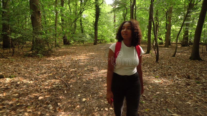 Afro-américaine métisse jeune femme randonnée avec sac à dos rouge et prise de photos avec appareil photo portable dans une forêt banque de vidéos