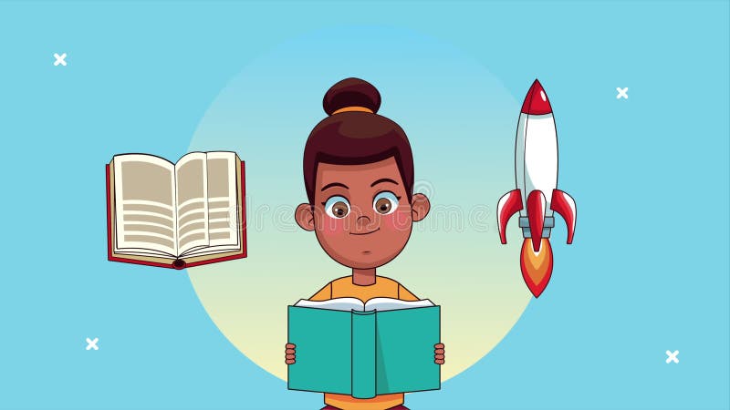 Afro niña estudiante leyendo libro con carácter animado de cohete stock de ilustración