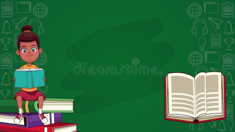 Afro niñita leyendo libros de carácter animado ilustración del vector