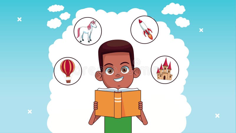 Afro pequeño estudiante leyendo libro con íconos de fantasía establecidos stock de ilustración