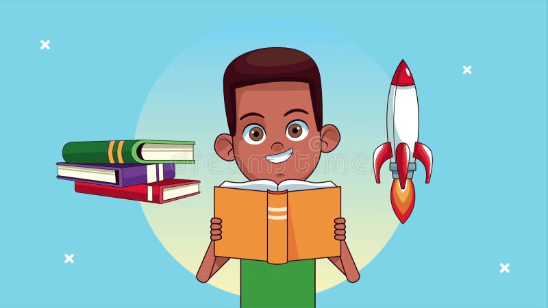 Afro pequeño estudiante leyendo libros con carácter animado de cohete libre illustration