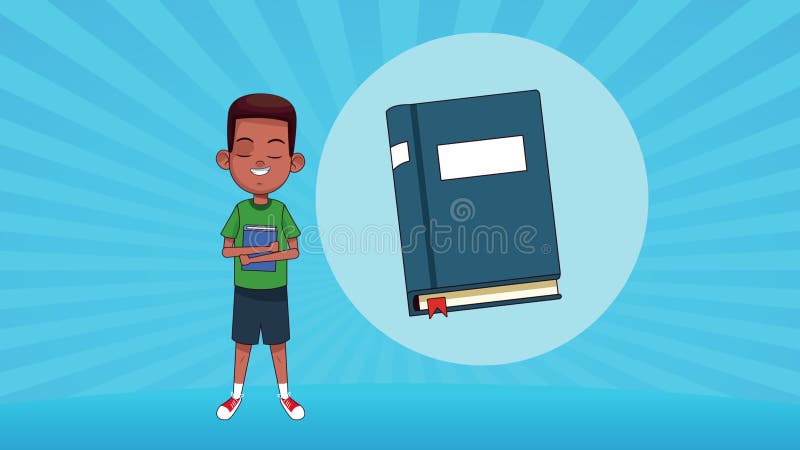 Afro pequeño estudiante leyendo libros de carácter animado libre illustration