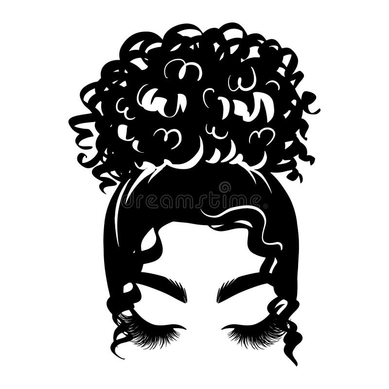 Afro messy hair bun, long black lashes. Vector woman silhouette with Beautiful Eyelashes. Girl drawing illustration. Female curly hairstyle. Afro messy hair bun, long black lashes. Vector woman silhouette with Beautiful Eyelashes. Girl drawing illustration. Female curly hairstyle.