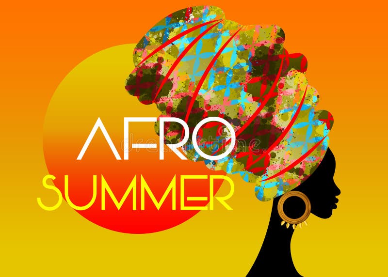 Afro Summer Party, Black African head woman with colorful turban, vector isolated on sunset background