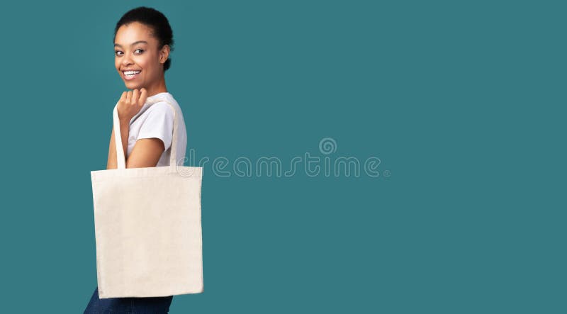 Afro Woman Holding Canvas Tote Bag Standing, Turquoise Background, Panorama