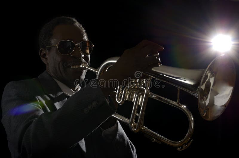Afroamerican Jazz Musician with Flugelhorn Stock Photo Image of light