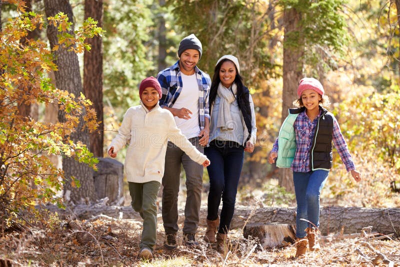 Afroamerikaner-Familie, die durch Fall-Waldland geht stockfotografie Afroamerikaner-Familie, die durch Fall-Waldland geht stockfotografie