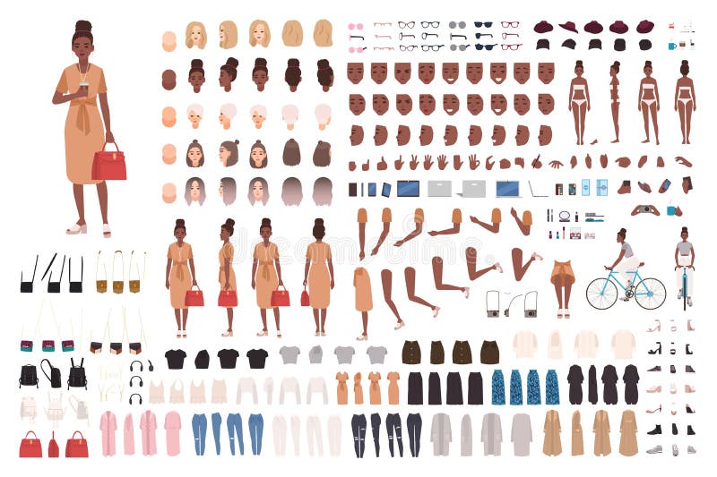 Afroamerikanerhippie-Mädchenanimationssatz, Generator oder DIY-Ausrüstung Bündel Körperteile, modische zufällige Kleidung, Lagen vektor abbildung Afroamerikanerhippie-Mädchenanimationssatz, Generator oder DIY-Ausrüstung Bündel Körperteile, modische zufällige Kleidung, Lagen vektor abbildung
