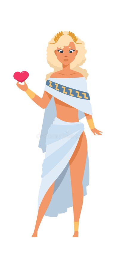 Afrodita o venus. caricatura diosa del amor y la belleza. dios griego antiguo en toga y corona de oro. bella mujer