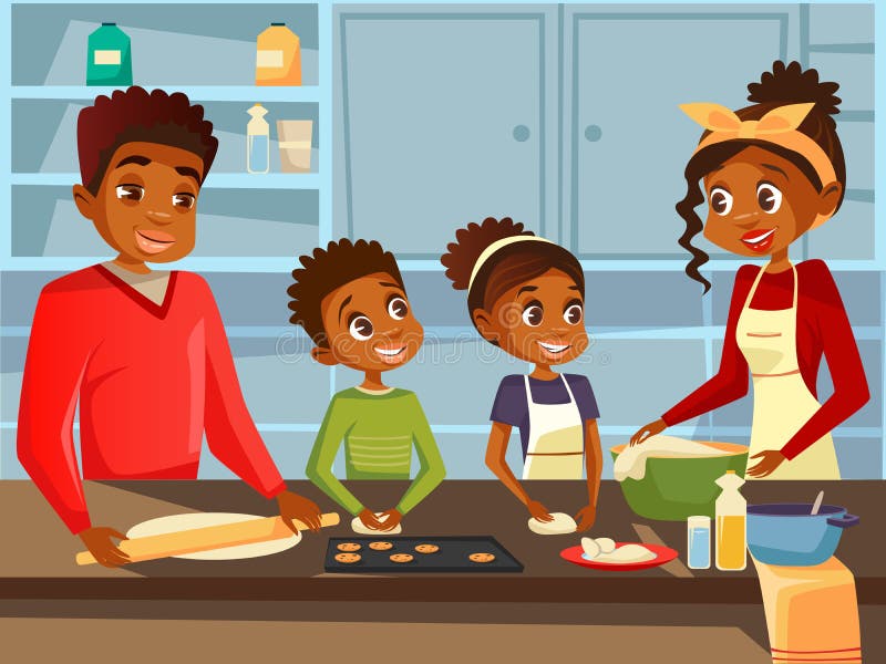 Afroe-amerikanisch schwarze Familie, die zusammen an der flachen Karikaturillustration des Küchenvektors von afrikanischen Eltern stock abbildung