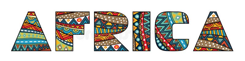 Africa word title with abstract ethnic African patterns. Fancy multicolored capital letters, schematic shapes. Isolated on white. (Vector file is eps8, all elements are grouped). Africa word title with abstract ethnic African patterns. Fancy multicolored capital letters, schematic shapes. Isolated on white. (Vector file is eps8, all elements are grouped)