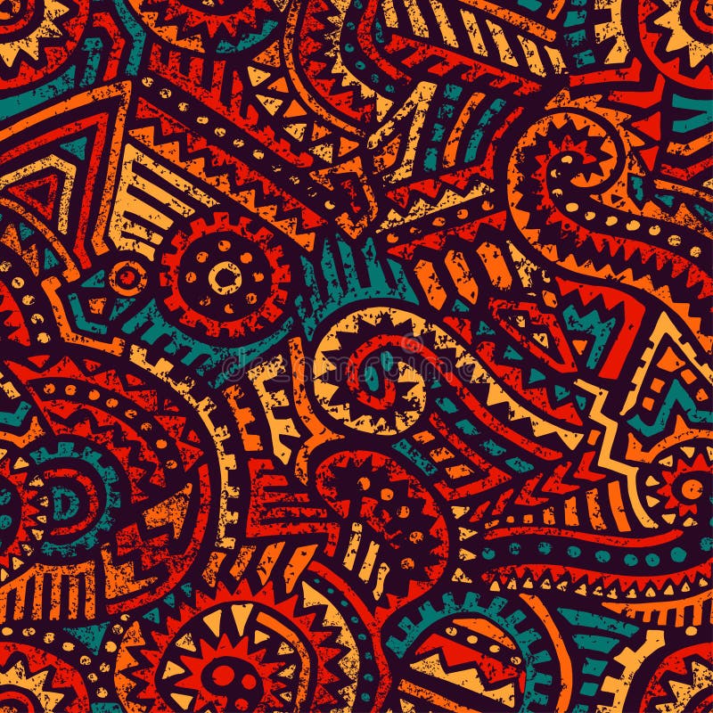 Seamless african pattern. Ethnic and tribal motifs. Orange, red, yellow, blue and black colors. Grunge texture. Vintage print for textiles. Bohemian hand-drawn ornament. Seamless african pattern. Ethnic and tribal motifs. Orange, red, yellow, blue and black colors. Grunge texture. Vintage print for textiles. Bohemian hand-drawn ornament