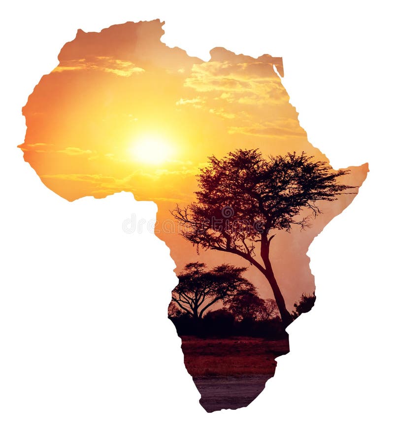 Afrykański zmierzch z akacją, mapa Africa pojęcie
