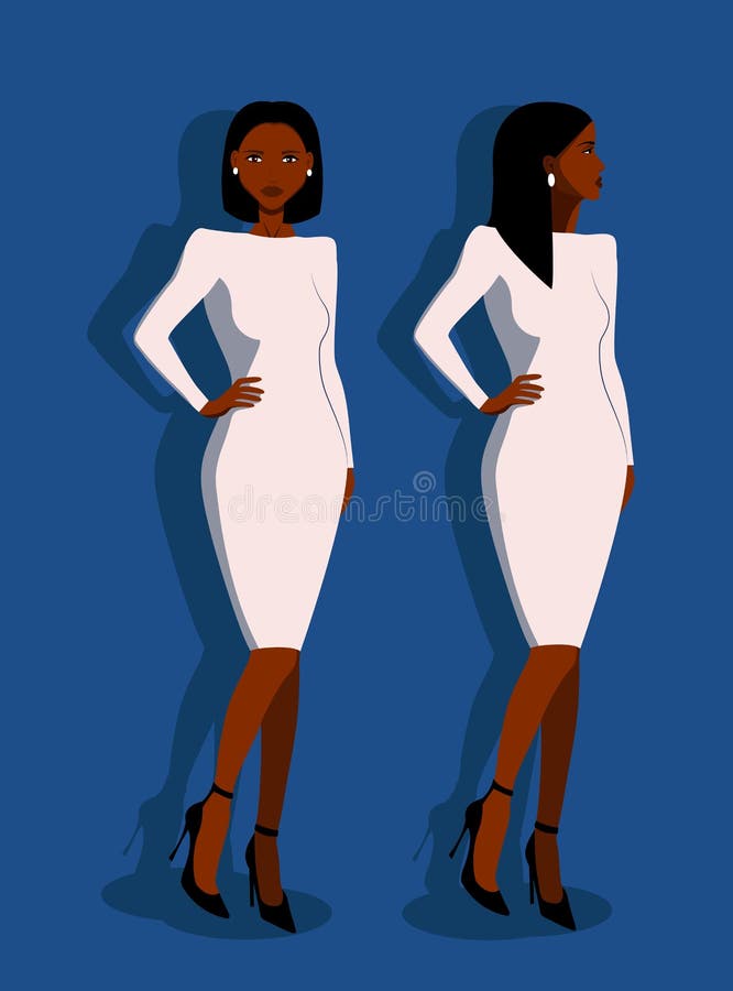 African-American businesswoman. A self-sufficient strong African American woman in a white dress and shoes. Pantone 2020 Background. African-American businesswoman. A self-sufficient strong African American woman in a white dress and shoes. Pantone 2020 Background