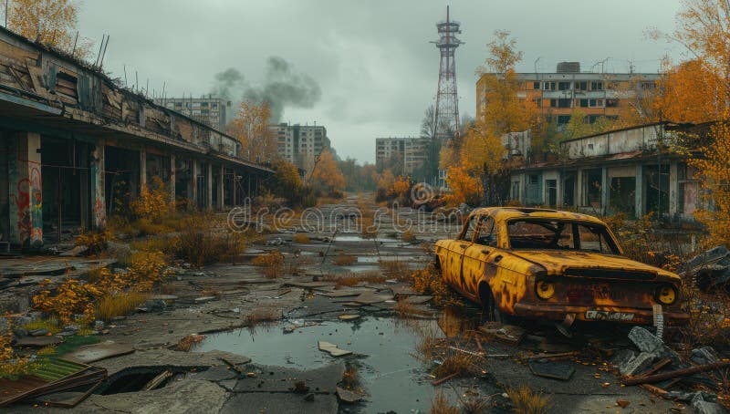 Aftermath of the nuclear disaster at the Chernobyl Nuclear Power Plant. The ruins of the city. Chernobyl gas illustrations