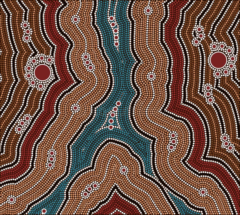 A illustration based on aboriginal style of dot painting depicting afternoon. Australian aboriginal border illustrations