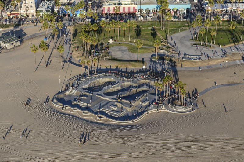 Los Angeles, California, USA - December 17, 2016: Afternoon aerial view of Venice Beach skate park in Southern California. Los Angeles, California, USA - December 17, 2016: Afternoon aerial view of Venice Beach skate park in Southern California.