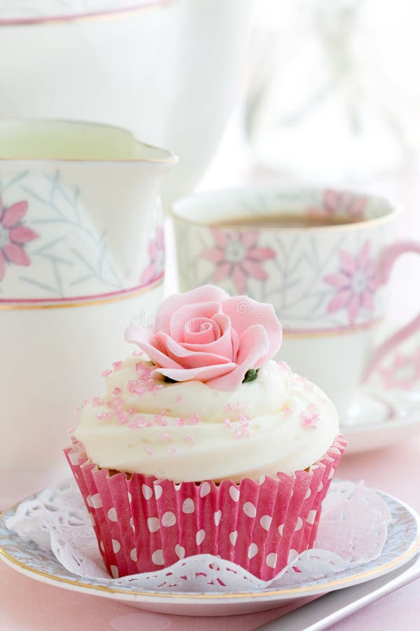 Afternoon Tea with Rose Cupcakes Stock Photo Image of cakes, beverage