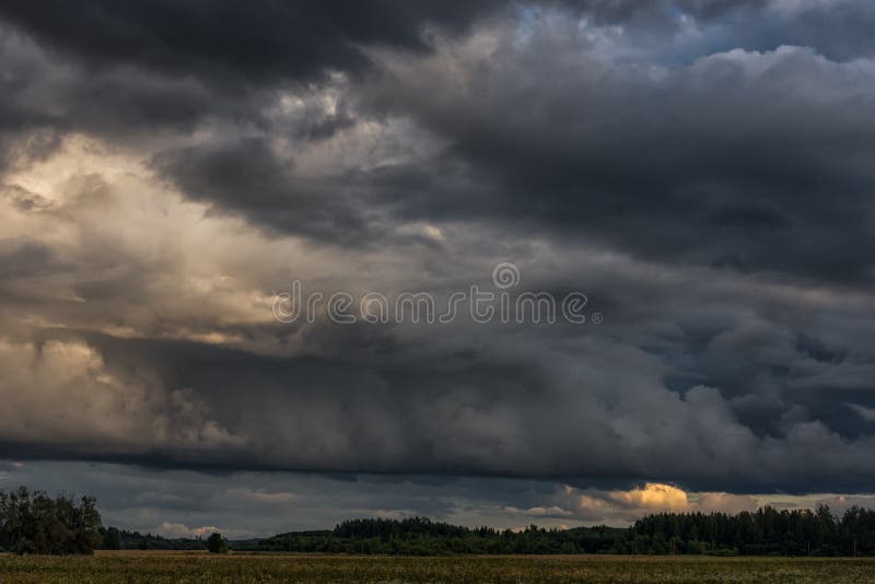 Afton stormiga molniga blåa Gray Sky Använd det som en bakgrund Skog i förgrund royaltyfria bilder Afton stormiga molniga blåa Gray Sky Använd det som en bakgrund Skog i förgrund royaltyfria bilder