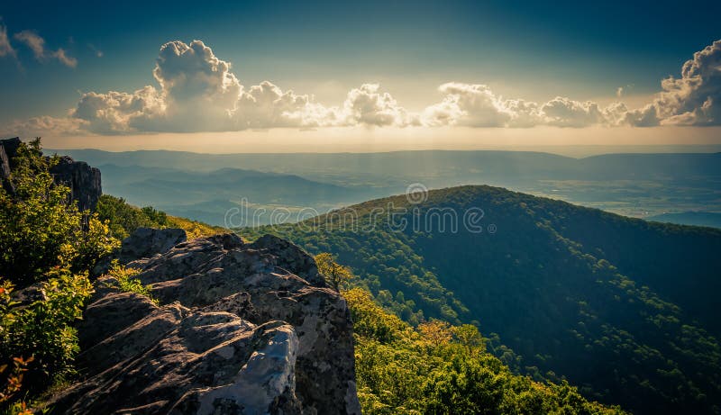 Aftonsikt från klippor på den Hawksbill toppmötet, i Shenandoah Nati royaltyfri fotografi