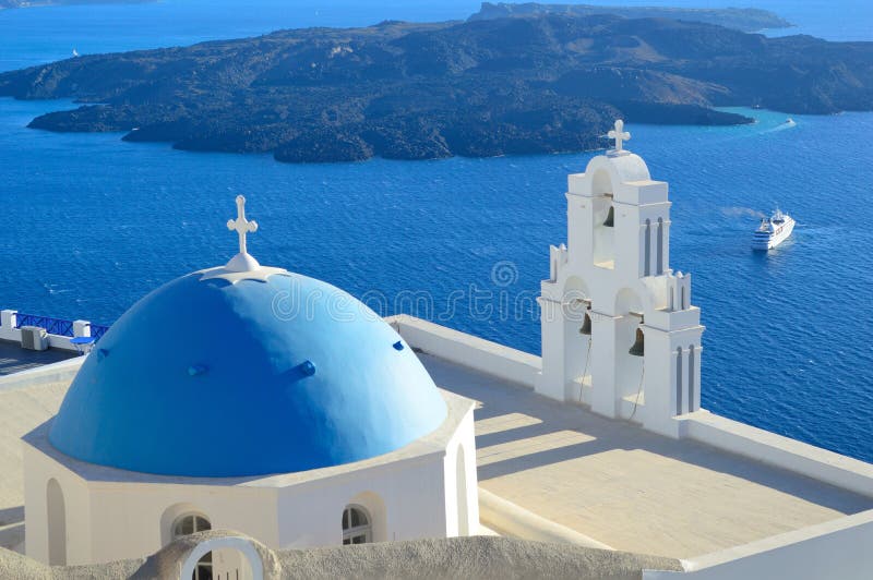 Ag. Theodori church and volcanic caldera, Santorini, Greece