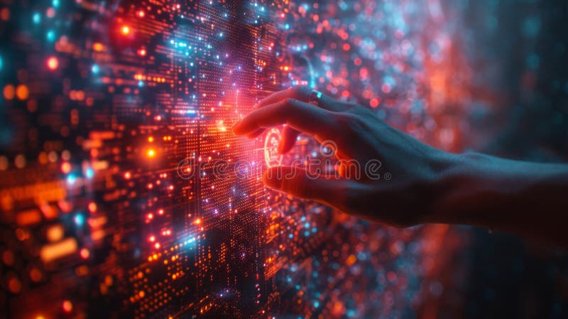 în contextul unui peisaj digital, un profesionist financiar își folosește degetele pentru a manipula o rețea complexă stock photo