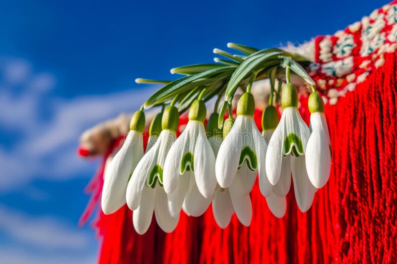 Against a blue sky, snowdrops and martenitsa mark the joyful onset of spring. The March 1 custom includes a white and royalty free stock image