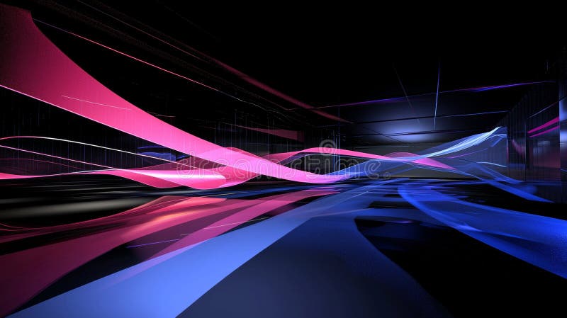 Against a dark background, a futuristic abstract scene is depicted with neon light trails, a hovering cube, and a stock illustration