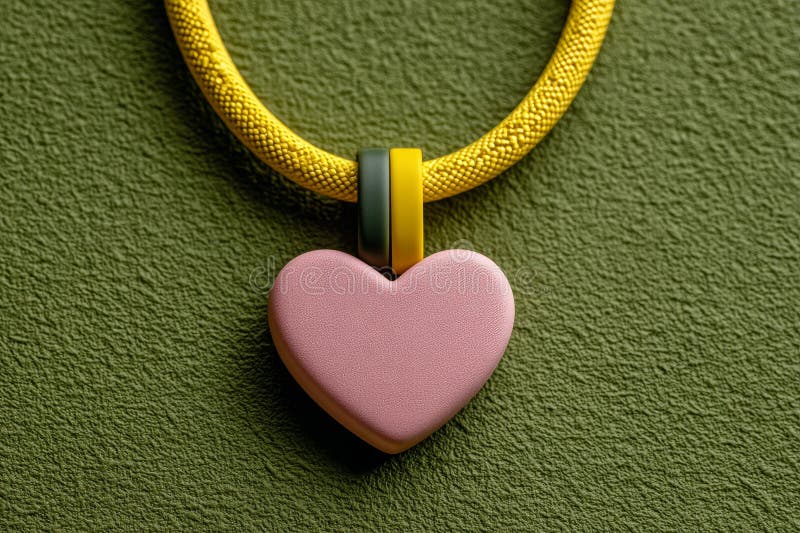 Against a green setting, a multicolored heart attached to a yellow string reveals a creative display of art and design stock photos