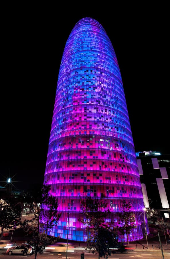 Agbar Tower, lightened at night. Barcelona, Spain