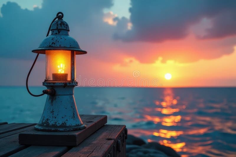 Aged blue metal dock lamp serene ocean sunset calm dock stock illustration