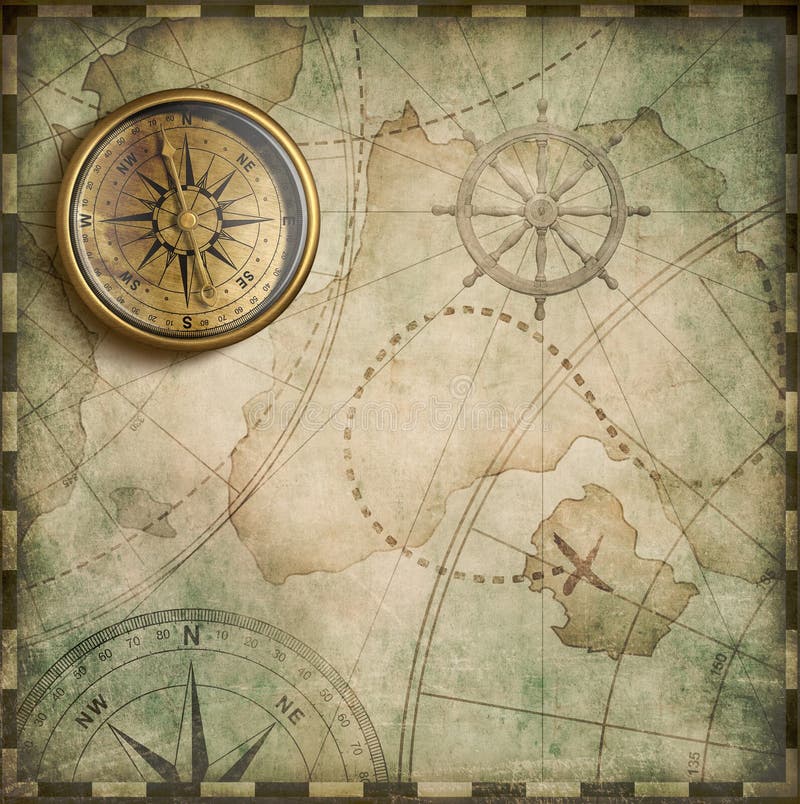 Aged brass antique nautical compass and old treasure map