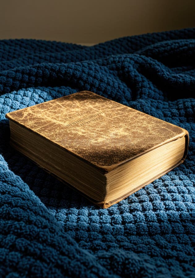 Aged Brown Book on Blue Textured Blanket vector illustration