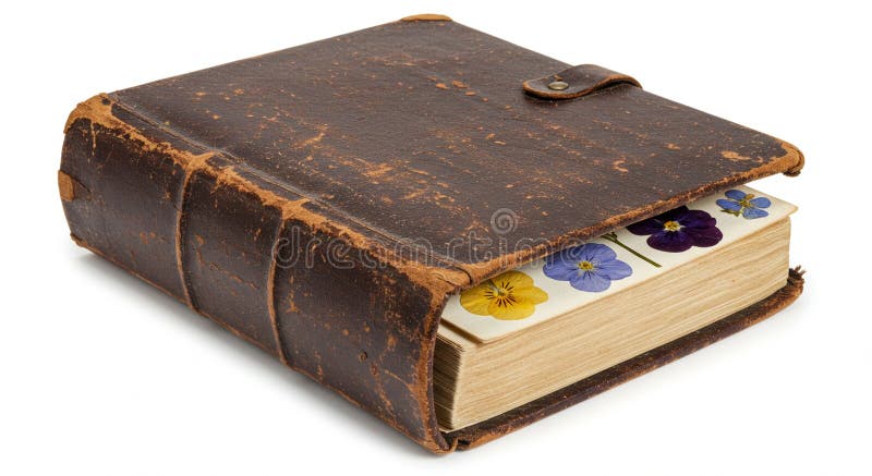 An aged, brown leather-bound book with a worn texture features a button closure. stock illustration