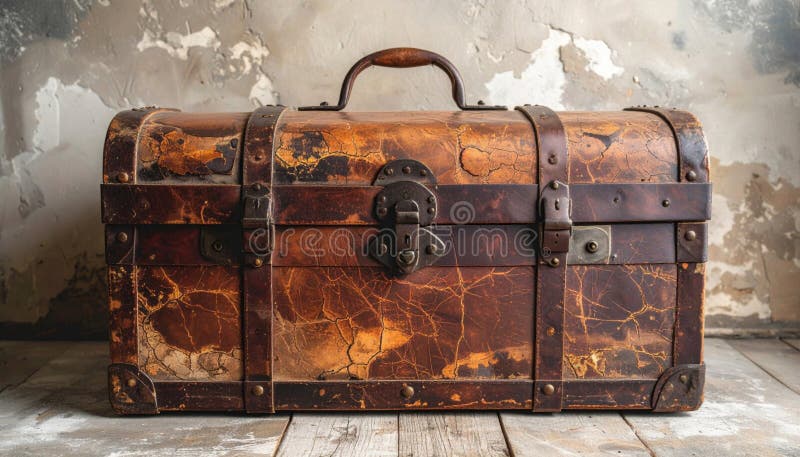 Aged Brown Leather Trunk on Wooden Floor Against Distressed Wall Backdrop stock illustration