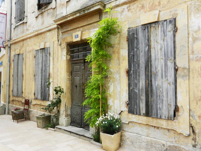 Aged french house facade in small town