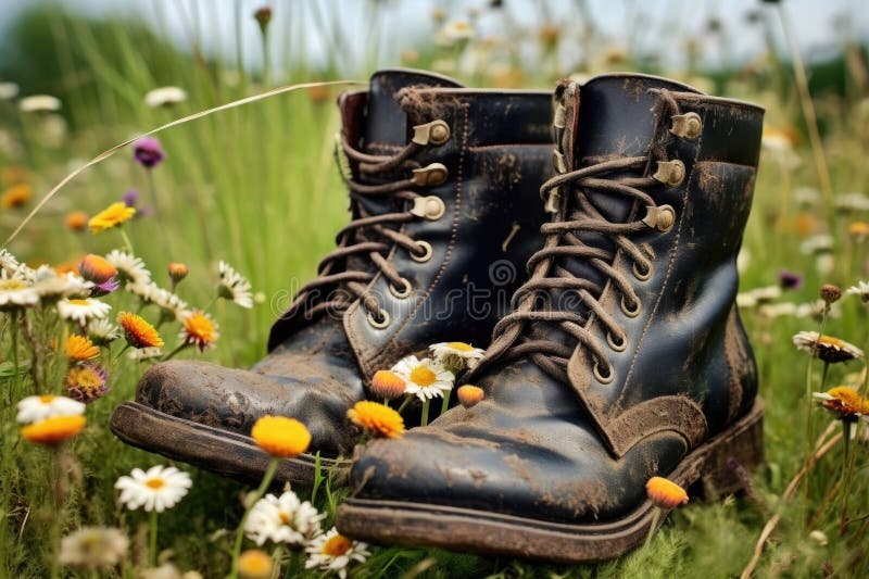 Aged Leather Boots in a Field of Wildflowers Stock Illustration