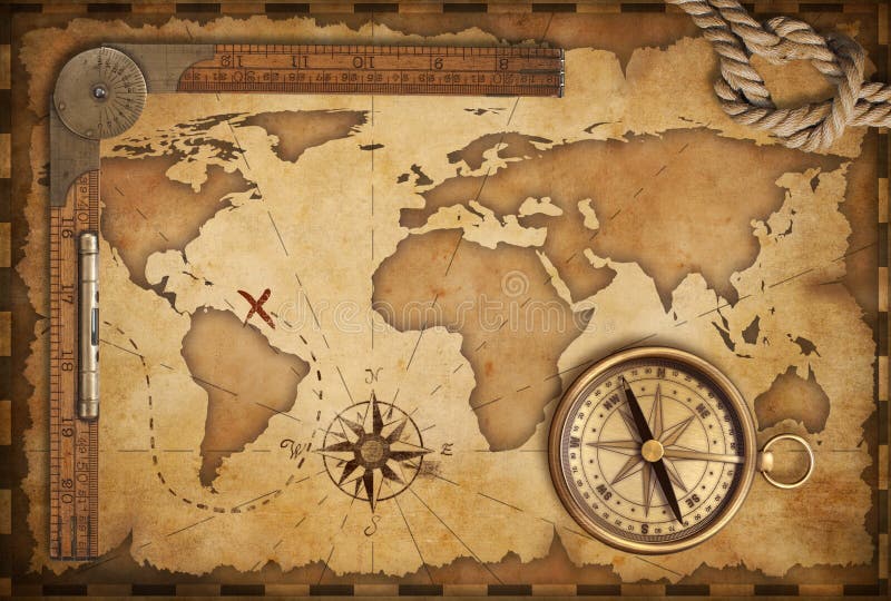Aged map, ruler, rope and old compass
