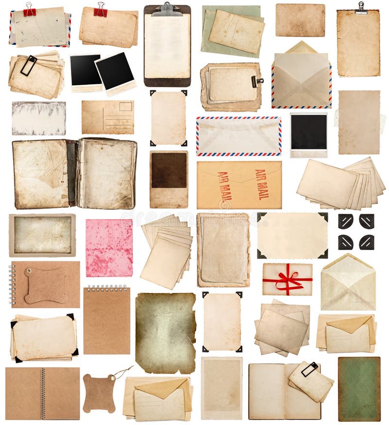 Aged paper sheets, books, pages and old postcards isolated on white background
