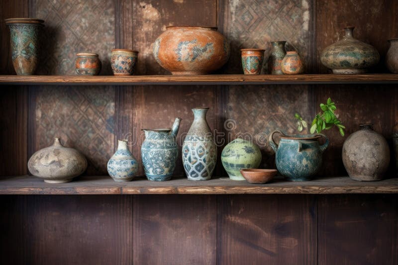 Aged Pottery with Faded Patterns on a Wooden Shelf Stock Photo Image